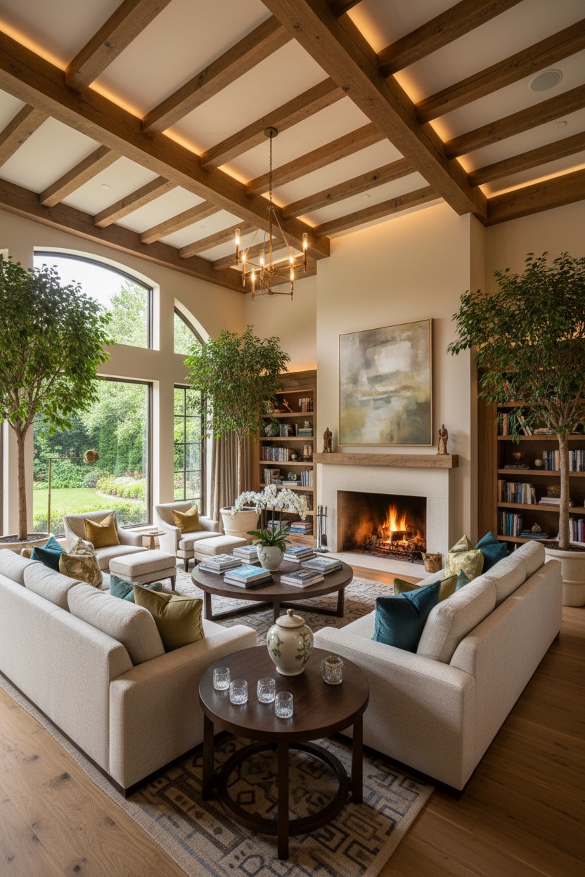 A spacious, sunlit living room features a stone fireplace, exposed wooden ceiling beams, and two large sofas arranged around a circular coffee table.