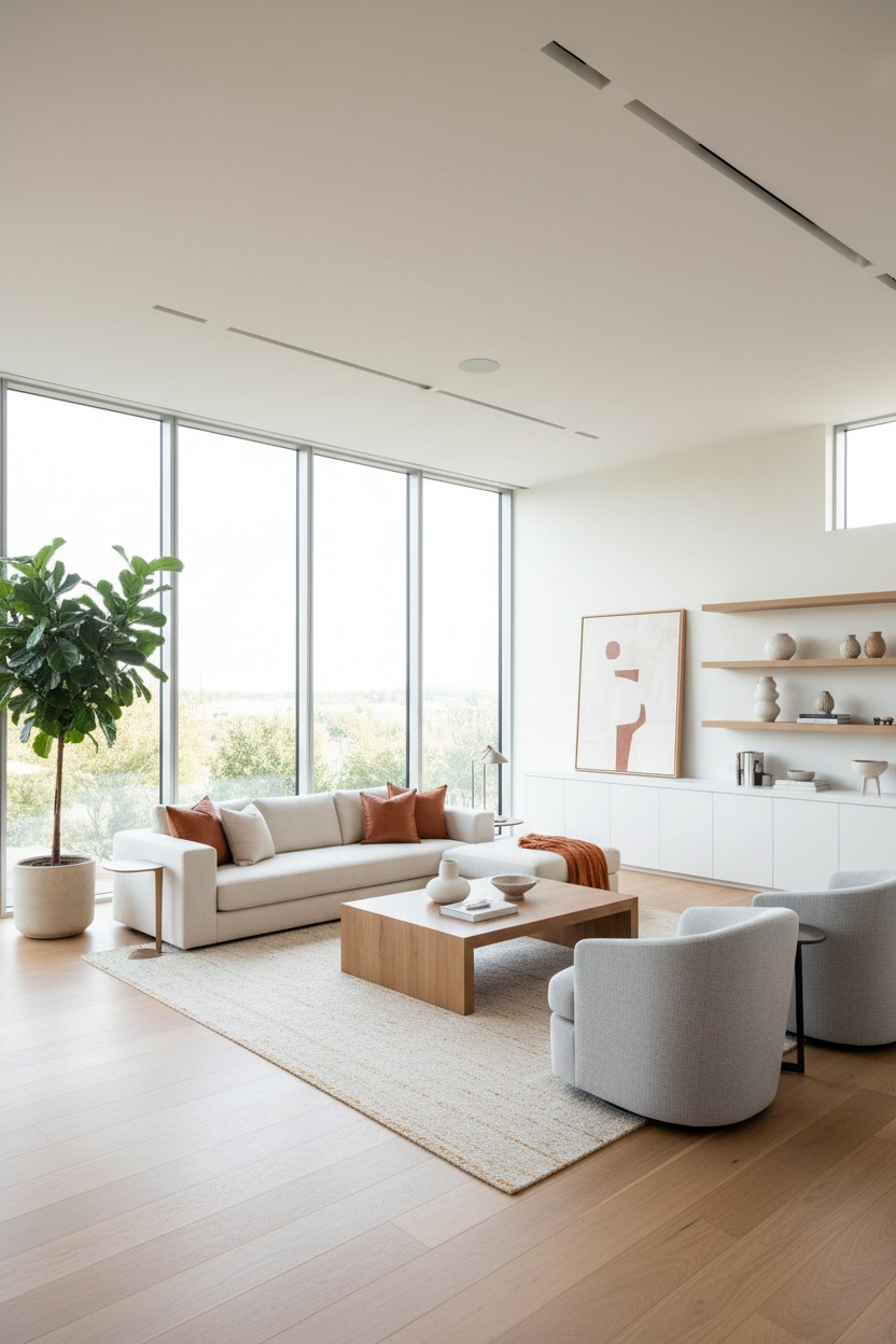 A modern living room features a beige sofa with rust-colored pillows, two gray armchairs, and a wooden coffee table on a textured rug in front of floor-to-ceiling windows.