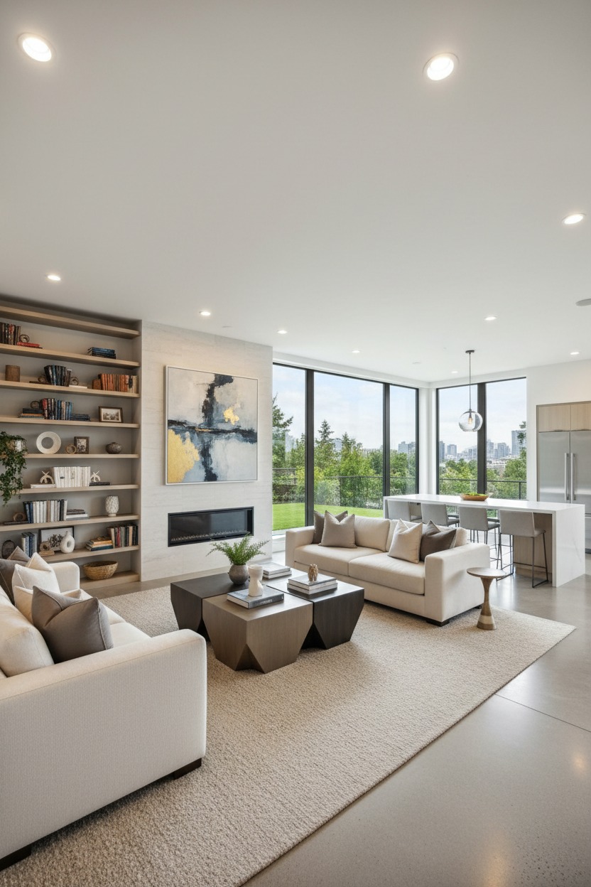 A modern, open-concept living room features two beige sofas, geometric coffee tables, a built-in bookshelf, and a fireplace with a large abstract painting above it, overlooking a city skyline through floor-to-ceiling windows.