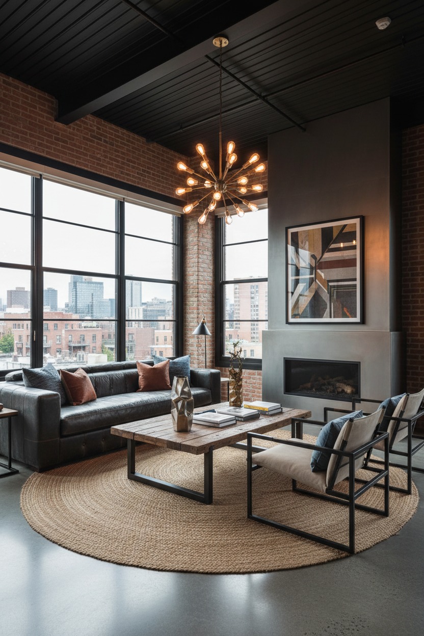 A modern industrial living room features a dark leather sofa, a wooden coffee table, and a fireplace against a brick wall with large windows overlooking a city skyline.