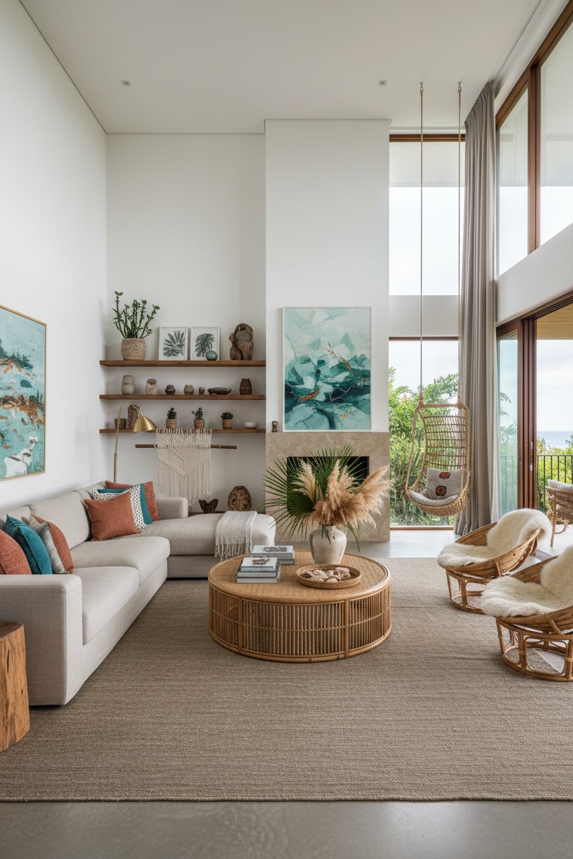 A bright, modern living room features a beige sectional sofa, a round rattan coffee table, two rattan chairs with sheepskin throws, and a hanging chair near floor-to-ceiling windows.