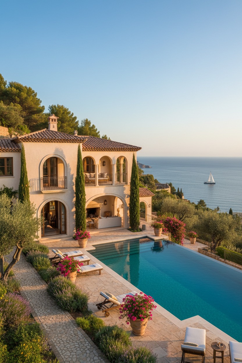A Mediterranean-style villa with an infinity pool overlooks the ocean at sunset.
