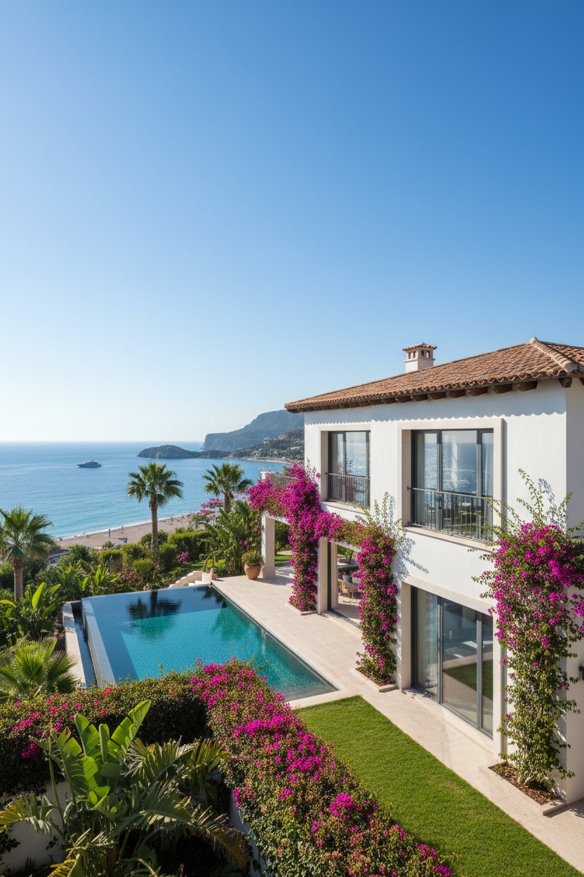 A white Mediterranean-style villa with vibrant pink bougainvillea features an infinity pool overlooking a sunny beach and the ocean.